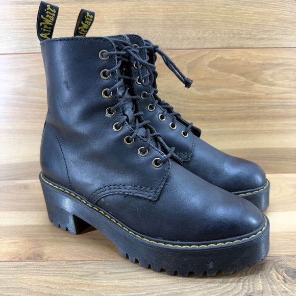 Dr Martens Shriver Hi Boots Womens 8 Black Leather Chunky Combat Heel - Picture 2 of 11